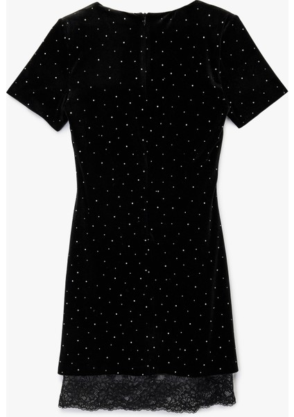 Dantel Detaylı Kare Yaka Kısa Kollu Vatkalı Mini Taşlı Abiye Elbise fiyatları