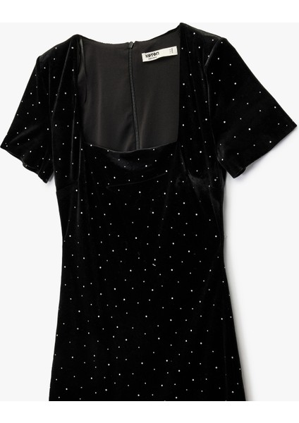 Dantel Detaylı Kare Yaka Kısa Kollu Vatkalı Mini Taşlı Abiye Elbise modelleri