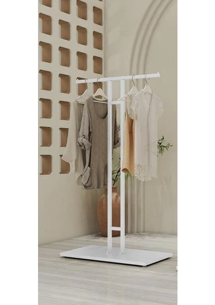Metal Beyaz Ayaklı T Askılık Elbise Konfeksiyon Askısı 7007-NRM