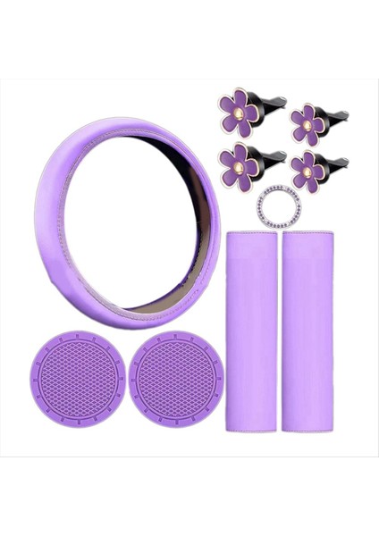 10 Adet Direksiyon Kapağı Kadınlar Için Sevimli Araba Aksesuarları Emniyet Kemeri Omuz Pedleri Kupa Tutucuları Mor (Yurt Dışından)