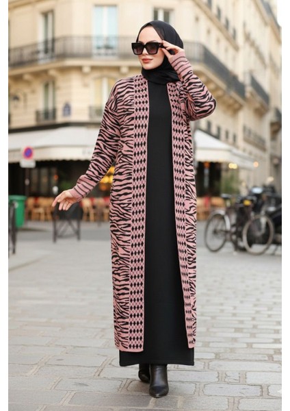 Zebra Desenli Gül Kurusu Tesettür Triko Hırka 3145GK modelleri