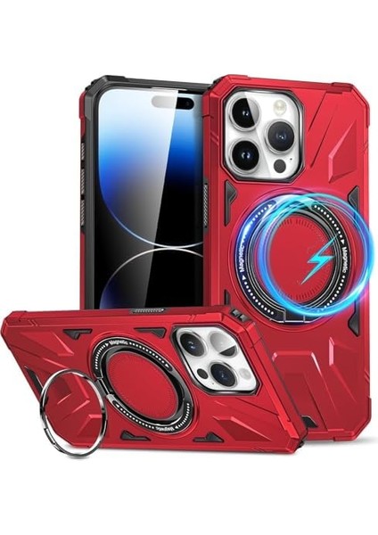 Heartz Rugged Kapak Döner Stand ve Magsafe Uyumlu Tam Korumalı Kaliteli Telefon Kılıfı, Çok Renkli (Iphone 14 ve 13 Kırmızı)
