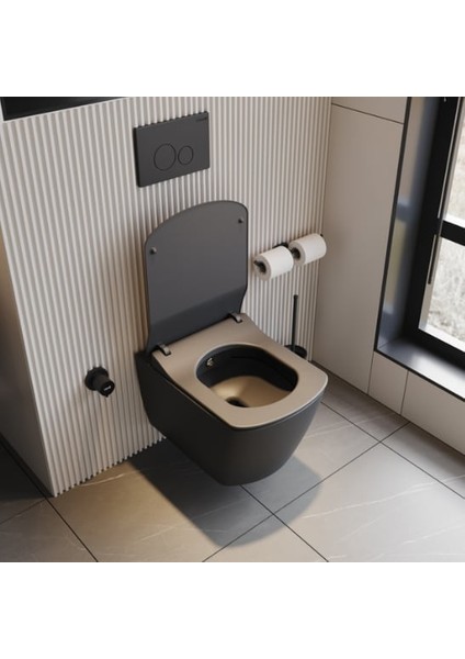 EG321 Elegant Rim-Off Kanalsız Duroplast Yavaş Kapanan Klozet Kapaklı Kömür Karası Mat Siyah Set fırsatları