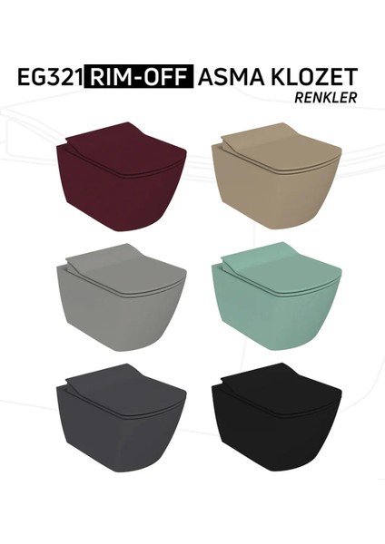 EG321 Elegant Rim-Off Kanalsız Duroplast Yavaş Kapanan Klozet Kapaklı Kömür Karası Mat Siyah Set indirimleri