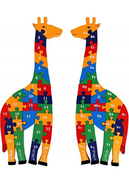 Renkli Ahşap Zürafa ve Alfabe Sayılar Yapboz, 41 Cm, Eğlenceli Öğrenme Seti