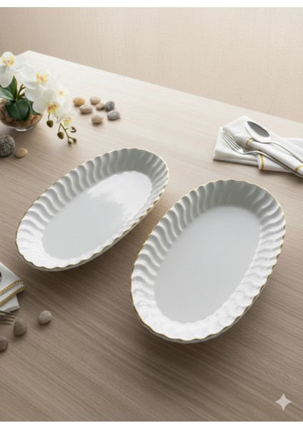 2 Adet Beyaz Gold Fırfır Kayık Tabak 24X15X4CM