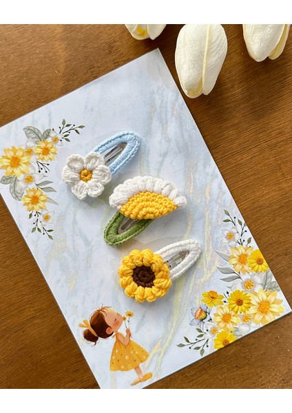 Saç Tokası Özel Çiçek Tasarımı Handmade 3'lü Çıt Çıt Toka Seti