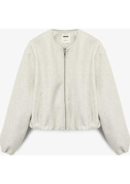 Kaşe Bomber Ceket Crop Bisiklet Yaka Fermuarlı Cepli Uzun Kollu