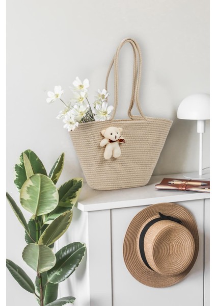 Hasır Omuz Çantası Ayıcıklı Plaj Çantası - Bej