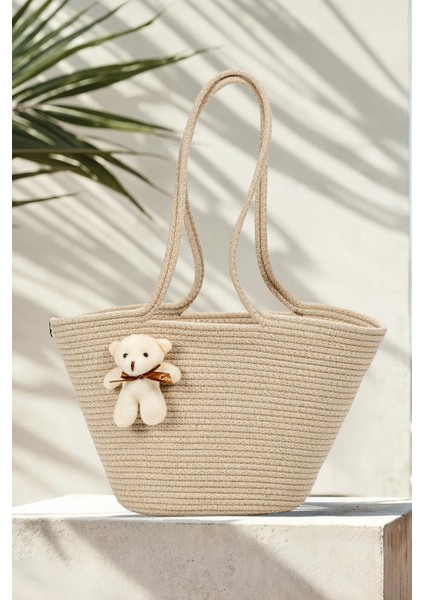Hasır Omuz Çantası Ayıcıklı Plaj Çantası - Bej fiyatları