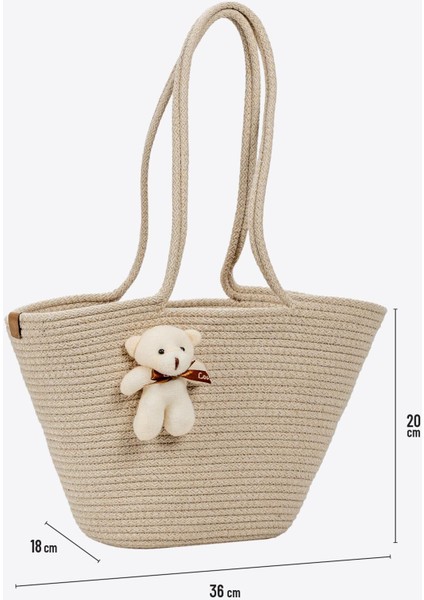Hasır Omuz Çantası Ayıcıklı Plaj Çantası - Bej fırsatları