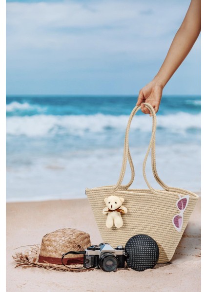 Hasır Omuz Çantası Ayıcıklı Plaj Çantası - Bej indirimleri