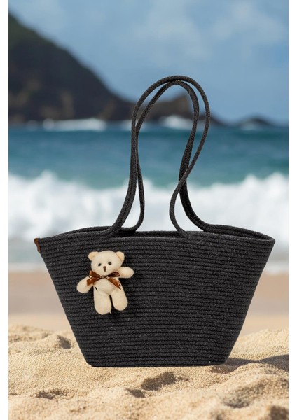 Hasır Omuz Çantası Ayıcıklı Plaj Çantası - Antrasit fırsatları