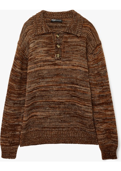 Uzun Kollu Polo Yaka Düğme Detaylı Triko Kazak