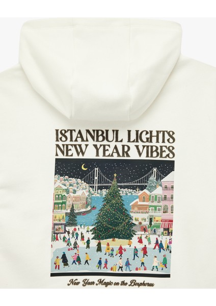 Pamuklu Uzun Kollu Baskılı Oversize Kapşonlu Yılbaşı Sweatshirt