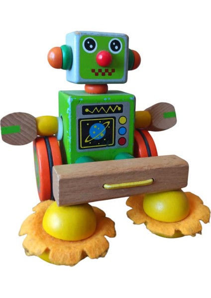 Renkli Ahşap Tekerlekli Robot Oyuncak, Satürn Temalı, 12X12X10 cm