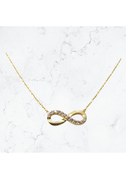 Sonsuzluk Figürlü Zirkon Tektaşlı 14 Ayar Altın Kolye