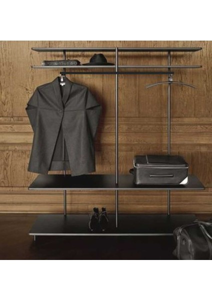 Metal Siyah Raflı Ayaklı Elbise Askılığı Çok Amaçlı Gardrop