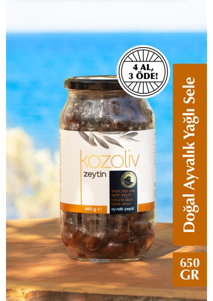 Doğal Ayvalık Çeşidi Yağlı Sele Siyah Zeytin 650 gr Cam Kavanoz