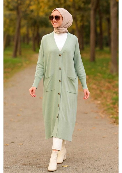 Düğmeli Mint Tesettür Triko Hırka 33650MINT modelleri