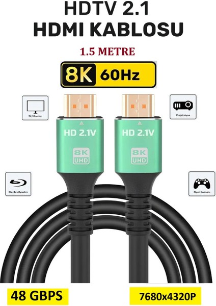 Ultra Hdtv 8k Yüksek Hızlı 2.1V Premıum HDMI Kablosu 1,5 Metre