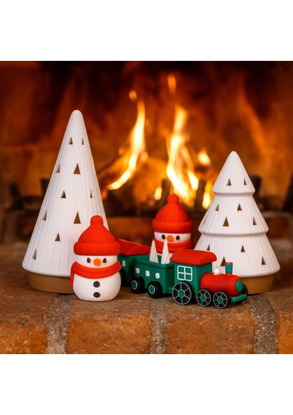 7 Parça Işıklı Yılbaşı Dekor Seti - Kardan Adam, Mumlu Çam Ağaçları, Tren - Yeşil/sarı