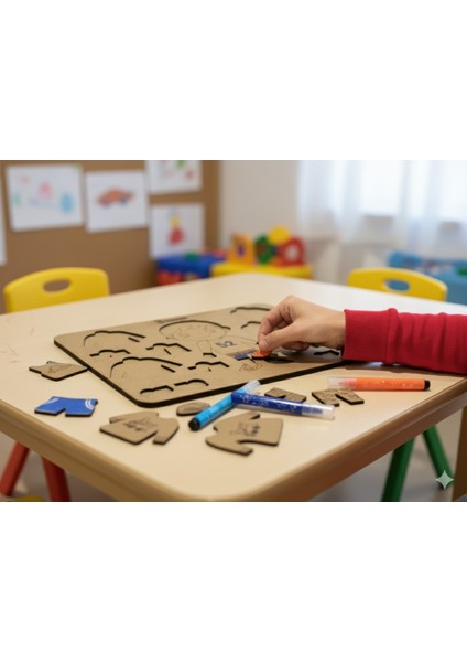 Ahşap Çocuk Eğitici Boyama ve Giydirme Puzzle Seti, Zeka Geliştirici Oyun