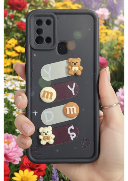 Samsung Galaxy A21S Uyumlu Kılıf Siyah Renk Ayıcık Figürlü 3D Kamera Korumalı Darbe Emici Yumuşak Silikon Kapak