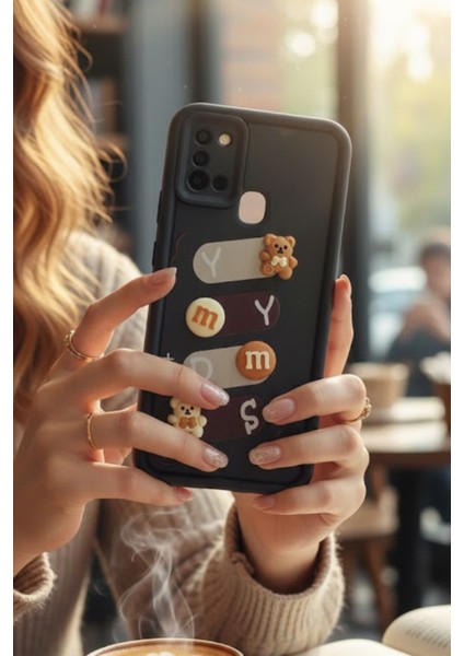 Samsung Galaxy A21S Uyumlu Kılıf Siyah Renk Ayıcık Figürlü 3D Kamera Korumalı Darbe Emici Yumuşak Silikon Kapak modelleri