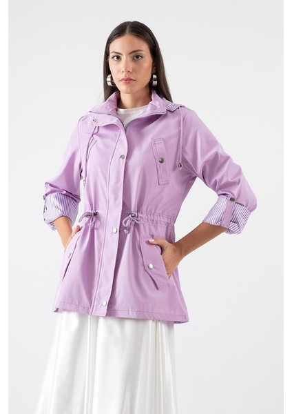 Goudot Kapüşonlu Mevsimlik Parka – Beli Büzgülü, Çıtçıt Detaylı Lila fırsatları