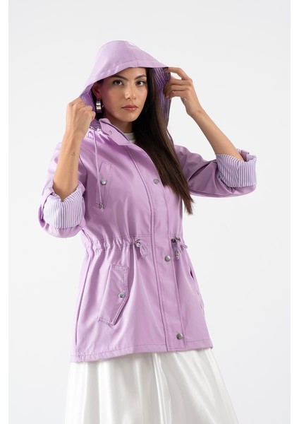 Goudot Kapüşonlu Mevsimlik Parka – Beli Büzgülü, Çıtçıt Detaylı Lila indirimleri