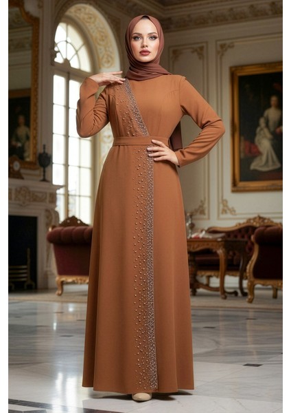 Boncuk İşlemeli Taba Tesettür Abiye Elbise 32150TB fiyatları