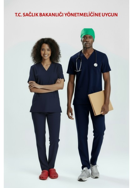 Lacivert Hemşire Forması Likralı Scrubs Takım (Patrıot Blue)