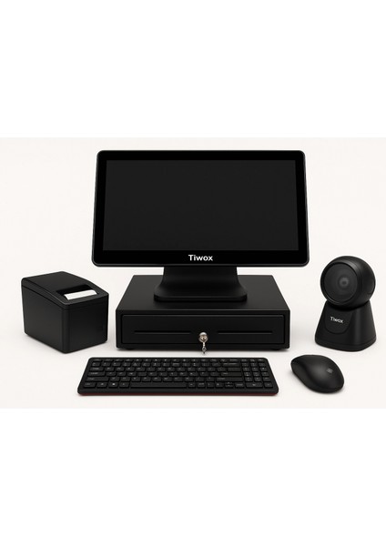 Tiwox Dokunmatik Pos Kasa Sistemi | Termal Fiş Yazıcı + Para Çekmecesi + Barkod Okuyucu + Klavye Mouse
