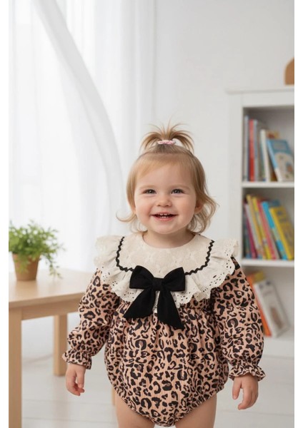 Amelıa Leopar Desenli Dantel Yaka Detaylı Fiyonklu Kız Bebek Çocuk Romper