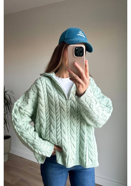 Su Yeşili Fermuarlı Saç Örgü Kazak