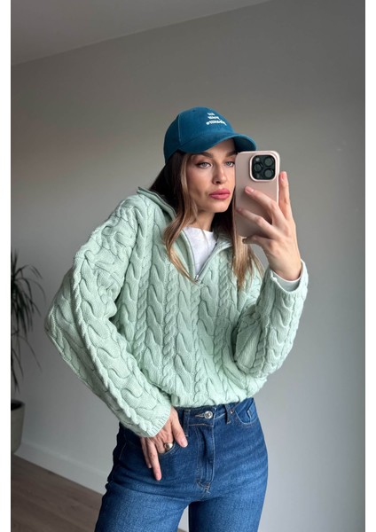 Su Yeşili Fermuarlı Saç Örgü Kazak fiyatları