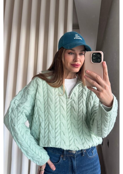 Su Yeşili Fermuarlı Saç Örgü Kazak modelleri