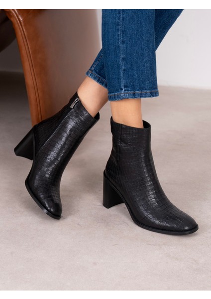 Odetta Siyah Kroko Hakiki Deri Kadın Bot