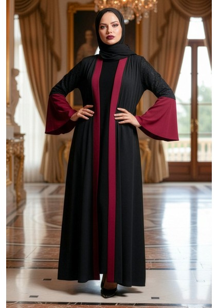 Neva Style - Kolları Detaylı Bordo Tesettür Abaya 55510BR modelleri