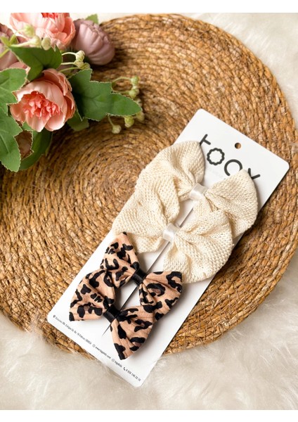 Krem Hasır Dokulu ve Leopar Desenli Kız Çocuk Bebek Toka Seti