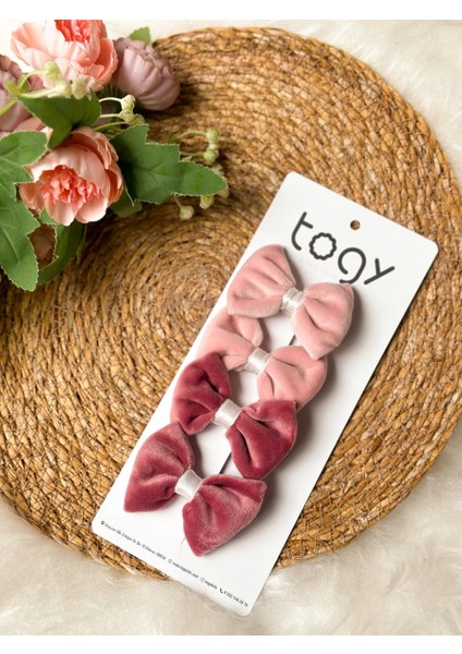 Pembe ve Gül Kurusu Kadife Kız Çocuk Bebek Toka Seti