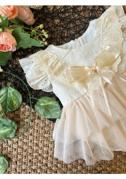 Liana Krem Yumuşak Tütü Romper Kısa Kollu Kız Bebek Elbise fırsatları