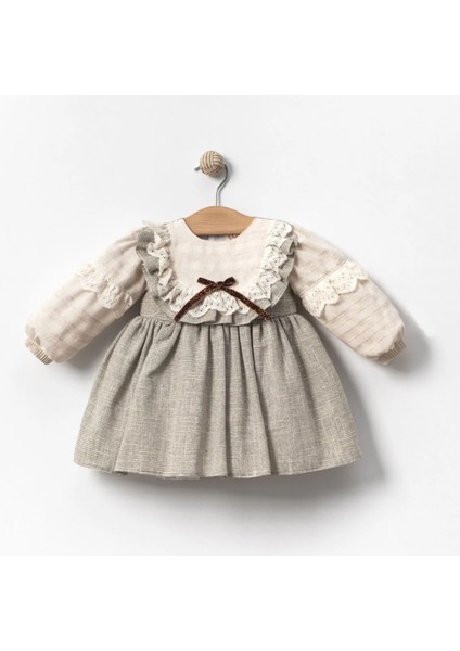 Luna Askı Detaylı Etekli Uzun Kollu Kız Bebek Elbise Tek Fiyonk
