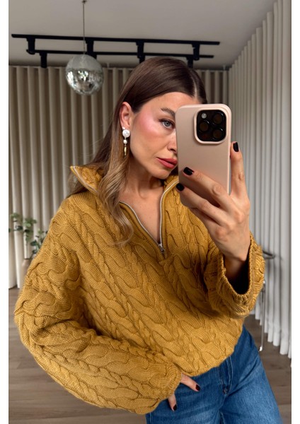 Hardal Fermuarlı Saç Örgü Kazak