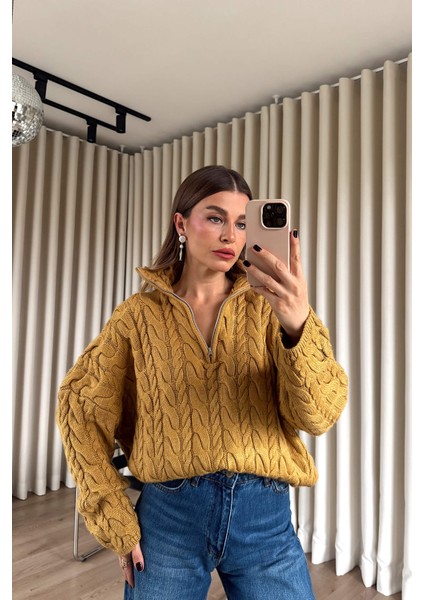 Hardal Fermuarlı Saç Örgü Kazak fiyatları