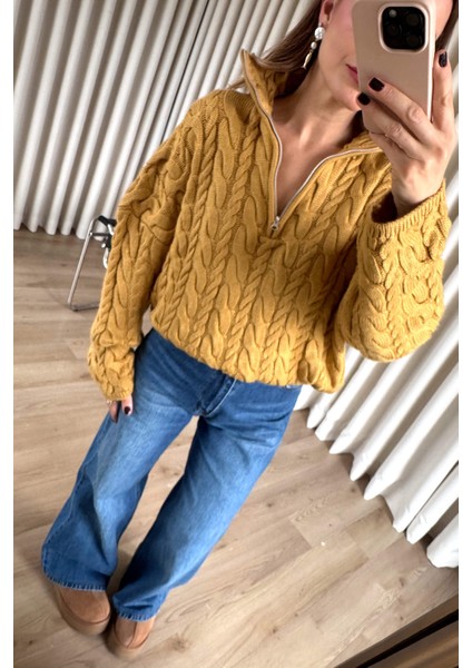 Hardal Fermuarlı Saç Örgü Kazak fırsatları