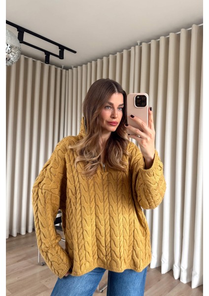 Hardal Fermuarlı Saç Örgü Kazak indirimleri