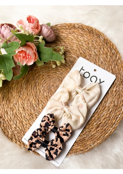 Leopar Desenli ve Puantiyeli Fiyonk Kız Çocuk Bebek Toka Seti