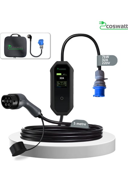 Elektrikli Araç Taşınabilir Şarj Cihazı 7 kW / 32A / Türkçe Menü / 5M / Tip-2 Soket / 3x32A Fiş / 220V AC / Ev Tipi Priz Dönüştürücü Kablo ve Taşıma Çantası